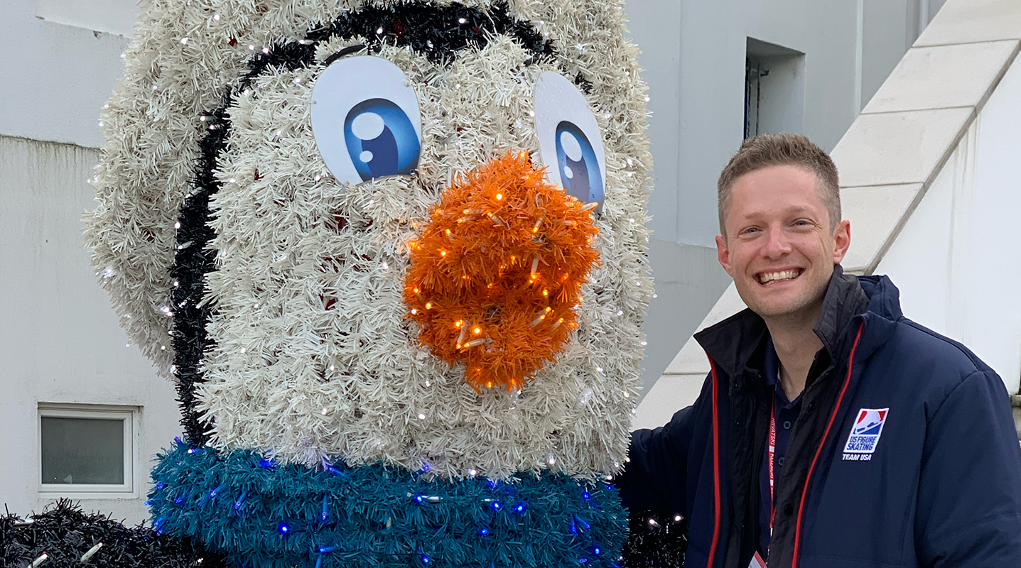 matthew fazekas with figure skating mascot