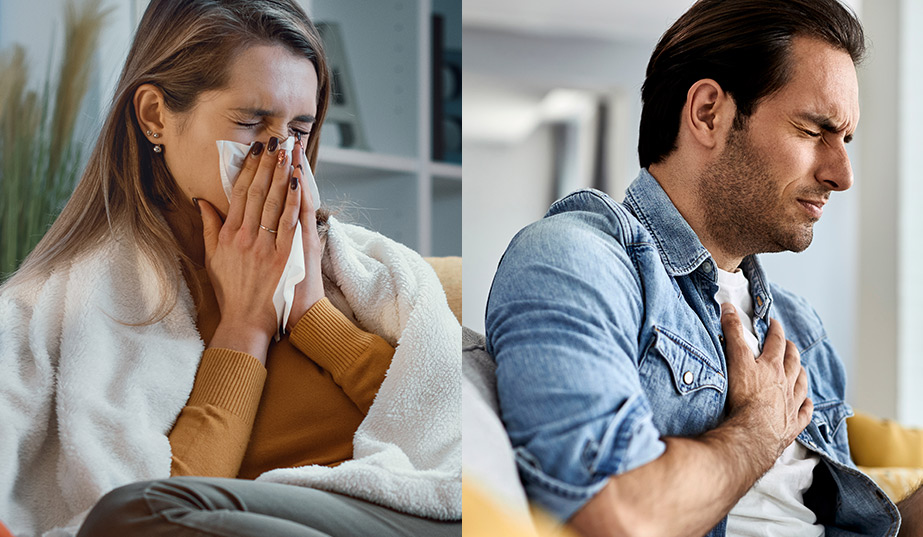 Young woman with a flu and men having a heart attack