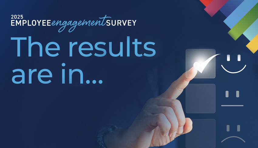 Employee survey banner of results pointing to happy emoji